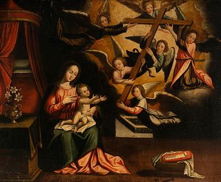 Spanish school, probably Sevillian, XVII century.
"Virgin with Child and Breaking of Glory".
Oil on canvas.