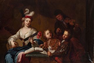Northern Italian school; circa 1700.
"Musical evening".
Oil on canvas. Re-colored.