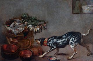 Flemish school of the 17th century. "Still life and dog".