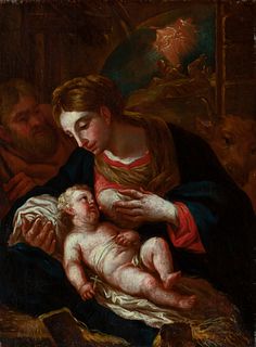 Italian school of the XVIII century, workshop of LUCA GIORDANO (Naples, 1634 - 1705).
"Virgin of the milk with the Child".
Oil on canvas. Re-tinted.