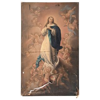 Virgen Inmaculada. México, SXIX. Óleo sobre tela. Múltiples detalles de conservación y estructura. 171 x 106 cm