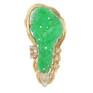 A jadeite and diamond brooch. The carved jadeite panel depicting a bird and foliage, to the curved s