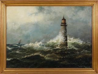 L.M. Cook Oil on Canvas "Storm Off Minots Light - Cohassett Harbor", circa 1886