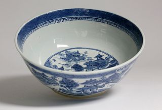 Canton Blue and White Punch Bowl, 19th Century