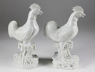 Pair of Dehua Blanc de Chine Cockerels, 18th Century