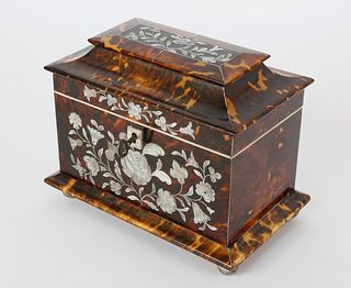 Regency Mother of Pearl Inlaid Tortoiseshell Tea Caddy, 1st quarter of the 19th century