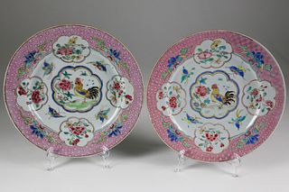 Pair of Chinese Export Famille Rose Cockerel Plates, Yongzheng, circa 1735