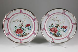 Pair of Chinese Export Silver-Mounted Famille Rose Plates, late 18th, early 19th Century