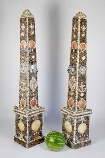 Pair of Seashell Encrusted Concrete Obelisks, 19th Century