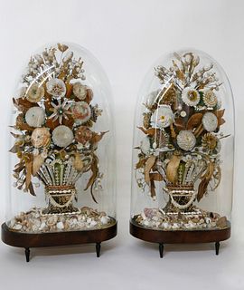 Pair of Victorian Shell-work Floral Bouquets Under Glass, circa 1840s