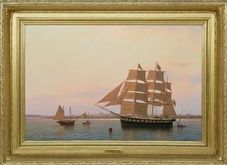 William R. Davis Oil on Canvas "Whaleship Three Brothers Arrives at Nantucket, 1854"