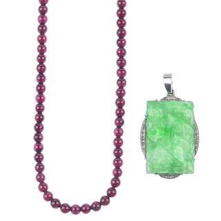 Two items of gem-set jewellery. To include a rectangular-shape carved jadeite pendant and a garnet b