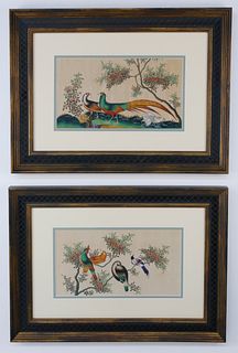 Pair of Chinese Export Watercolors on Pith Paper "Pair of Pheasants and Other Birds in Foliage", circa 1850