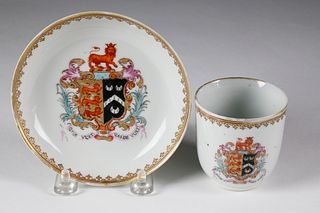 Armorial China Trade Porcelain Coffee Cup and Saucer, late 18th Century
