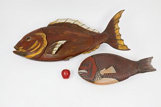 Two Japanese Polychrome Lacquered Wood Fish-Form Boxes, late 19th Century