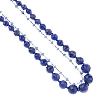 A selection of jewellery. To include an alternating sapphire bead and seed pearl chain, a graduated