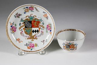 Armorial China Trade Porcelain Cup and Saucer, circa 1760