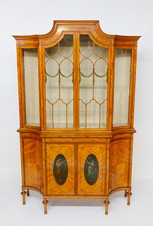 Adam Style Decorated Satinwood Breakfront Cabinet, circa 1890s