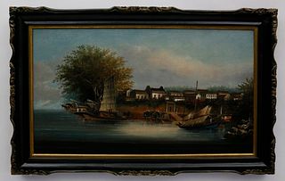 China Trade Oil on Canvas 'Riverside Village Harbor", circa 1870