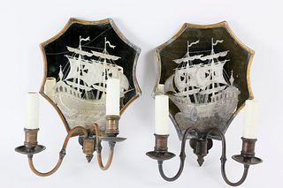 Pair of Etched Mirror-back Two-light Sconces, circa 1880