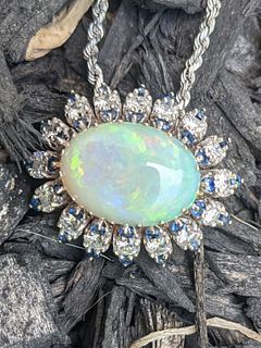 14K White Gold Opal, Sapphire and Diamond Pendant