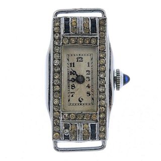 A lady's silver and paste watch head. Of rectangular outline, the blue and colourless pastes to the