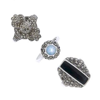 A selection of marcasite rings. Of various shapes and sizes, many with gem-set accents. (29) Many wi
