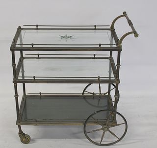 Midcentury Metal & Etched Glass T Cart.