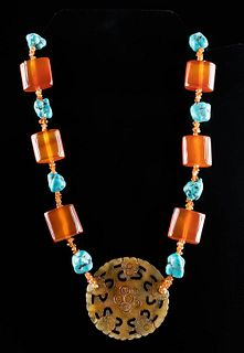 Mid 20th C. Tibetan Silver, Agate, & Turquoise Necklace