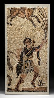 Roman Stone Tesserae Mosaic w/ Hunting Scene