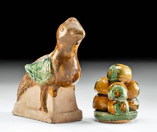 Chinese Ming Glazed Pottery Offerings - Bird & Fruit
