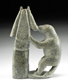Early 20th C. Inuit Soapstone Dog Stealing Fish