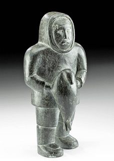 20th C. Inuit Soapstone Carving, Man Carrying Seal
