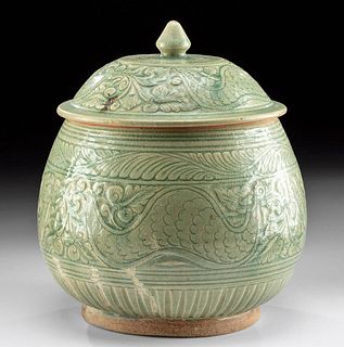 Thai Sawankhalok Celadon Pottery Lidded Jar, ex-Museum