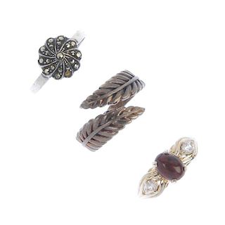 A selection of silver and white metal jewellery. To include an abstract silver bracelet, a marcasite