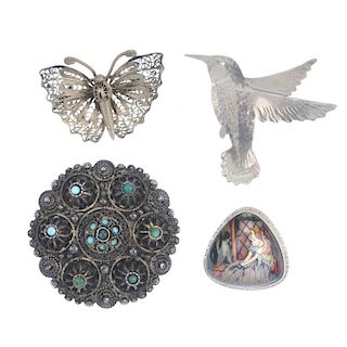 A selection of silver and white metal jewellery. To include a blue enamel Royal Navy brooch, a turqu