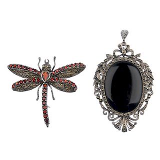 A selection of silver and white metal jewellery. To include a marcasite and red paste dragonfly broo