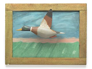 1/2 size flying mallard drake on painted background, Gus Wilson, South Portland, Maine.