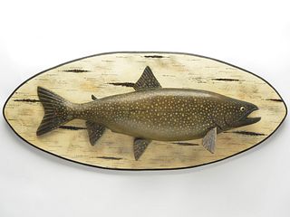 Carved and painted lake trout on plaque, Lawrence Irvine, Winthrop, Maine.