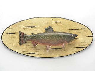 Carving of a rainbow trout on wooden plaque, Lawrence Irvine, Winthrop, Maine.