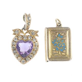 An amethyst and paste pendant and a late 19th century locket. The pendant designed as a heart-shape
