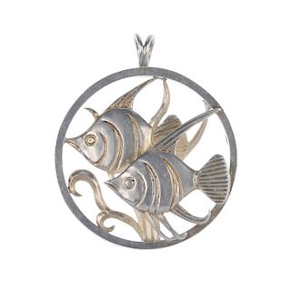 GEOFFREY BELLAMY - a 1980s silver fish pendant. Designed as two angel fish, within a circular-shape