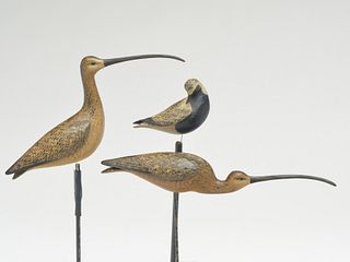 Set of three well carved miniature shorebirds, William Gibian, Onancock, Virginia, circa 1980s.