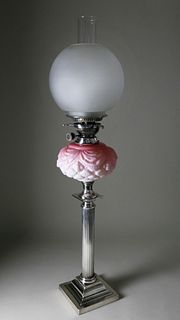 Silver Plated and Puffy Peach Blow Glass Kerosene Lamp, circa 1880s