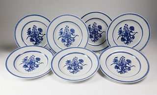 Set of Seven Chinese Export Porcelain Underglaze Blue Dinner Plates, circa 1770