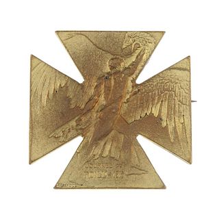 LALIQUE - a metal cross. The Maltese cross outline depicting a man fighting an eagle over the words