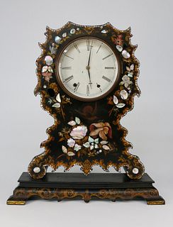 Papier Mache and Mother of Pearl Inlaid Black Japanned Bracket Clock, mid 19th Century