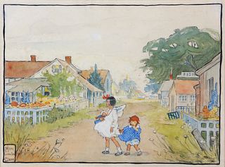 Mary Cowles Clark Mixed Media Watercolor and Charcoal Pencil on Paper "Sisters Strolling in Sconset"