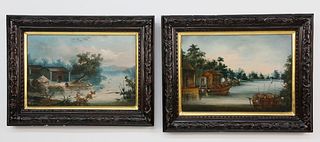 Near Pair of China Trade Oils on Canvas River Landscape Paintings, mid 19th Century