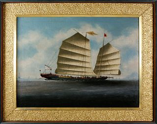 Chinese Export Oil on Canvas "Portrait of a Junk Boat", circa 1850